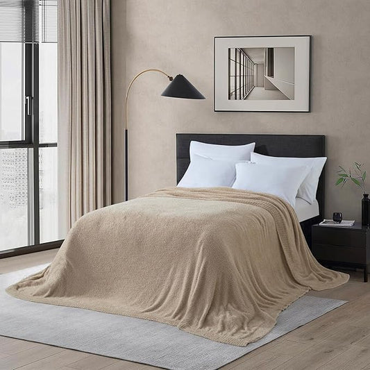 Oversized King Knit Blanket for Couch - Super Soft Extra Large Throw Blankets for Bed， Fluffy Fuzzy Plush Lightweight Cozy Blanket，Light Brown，120" x 120"