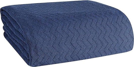 BELIZZI HOME 100% Cotton Bed Blanket, Breathable Thermal Blanket Twin Size, Soft Chevron 60''x90'', Perfect for Layering Any All Season, Navy Blue