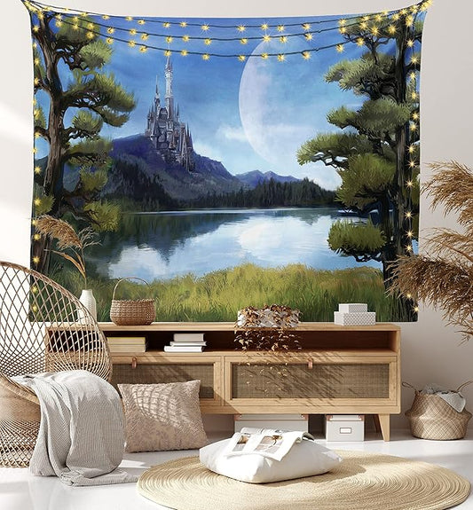Ambesonne Fantasy Tapestry, Moon Surreal Scene with Riverside Lake Forest and Medieval Castle on Hill Art, Wall Hanging for Bedroom Living Room Dorm Decor, 60" X 80", Green Blue