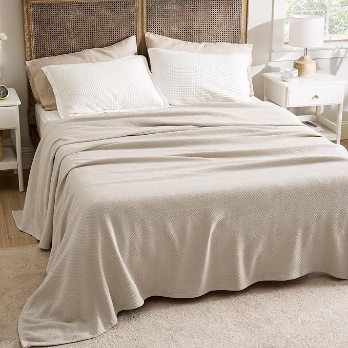 Bedsure 100% Cotton Blanket King Size for Bed - Breathable and Lightweight, Soft Cozy Textured Herringbone Woven Blanket for Summer Spring, Linen Beige, 108x90 inches