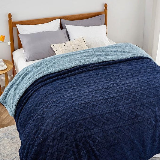 Bedsure Sherpa King Size Blanket for Bed- Fleece Soft Cozy Fuzzy Cable Blankets for Women, Thick Warm for Winter and All Seasons, Navy, 108x90 Inches
