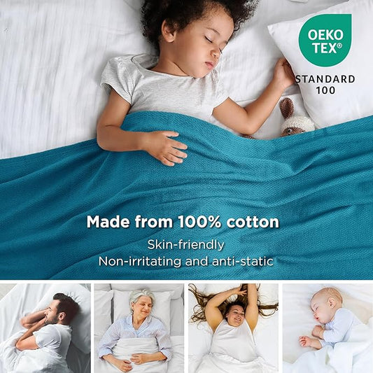 Bedsure 100% Cotton Blanket Queen Size for Bed - Breathable and Lightweight, Soft Cozy Textured Herringbone Woven Blanket for Summer Spring, Teal, 90x90 inches