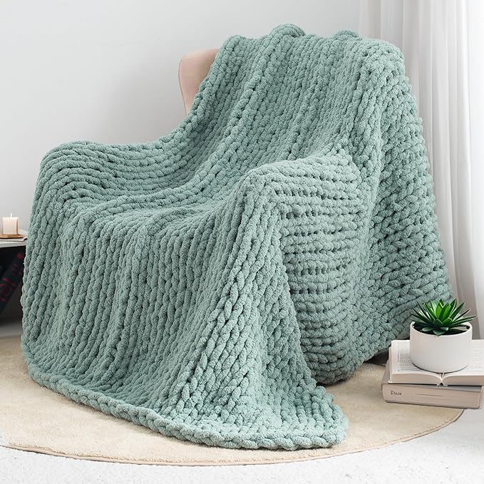 Chunky Knit Throw Blanket 60"X 80", 100% Handmade with Soft Chenille Yarn, 6.7lbs Thick Cable Knitted Blankets, Large Rope Knot Crochet Throws for Couch Sofa Bed Home Decor, Sage Green