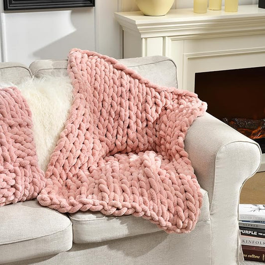 Soft Chunky Knit Blanket, 30X40 in Handmade Thick Chenille Yarn Throw Without Shedding & Raveling, Aesthetic & Cozy Home Decor with Couch Sofa Bed, Gift Pack, Pale Pink