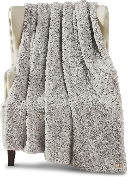 UGG Adalee Faux Fur Throw Blanket Luxury Lightweight Cozy Soft Throw for Couch Bed or Chair Hypoallergenic Machine Washable Double-Sided Fluffy Blanket Home Decor, 50-inch x 70-inch, Seal Grey