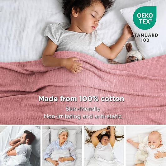 Bedsure 100% Cotton Blanket Queen Size for Bed - Breathable and Lightweight, Soft Cozy Textured Herringbone Woven Blanket for Summer Spring, Pink, 90x90 inches