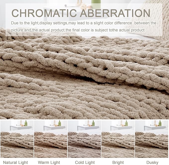 Chunky Knit Throw Blanket 50"X 60", 100% Handmade with Soft Chenille Yarn, 4.4lbs Thick Cable Knitted Blankets, Large Rope Knot Crochet Throws for Couch Sofa Bed Home Decor, Taupe