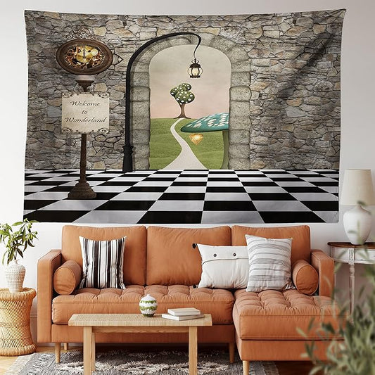 Ambesonne Alice in Wonderland Tapestry King Size, Welcome Wonderland Black and White Floor Landscape Mushroom Lantern, Wall Hanging Bedspread Bed Cover Wall Decor, King Size, Stone Black