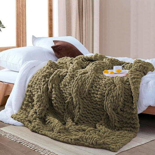 Chunky Knit Blanket Throw - 100% Hand Knitted Chunky Throw Blanket for Couch, Thick and Warm Blanket for Winter, Olive Green, 50x60 Inches