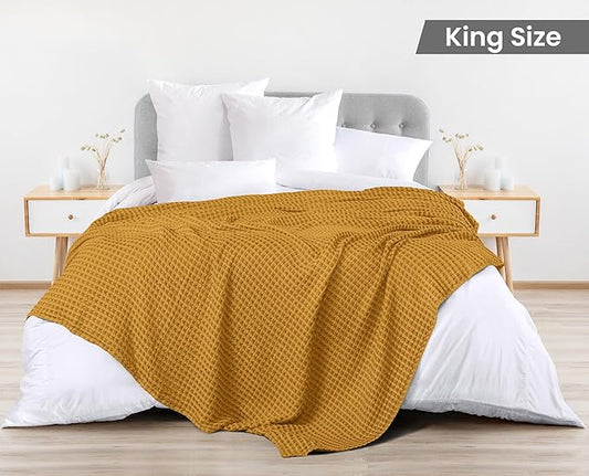 Utopia Bedding Mustard 100% Cotton Waffle Blanket 300 GSM [King - 90x108 Inch] Soft Lightweight Breathable Bed Blanket for All Season