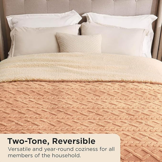Bedsure Sherpa King Size Blanket for Bed- Fleece Soft Cozy Fuzzy Cable Blankets for Women, Thick Warm for Winter and All Seasons, Light Brown, 108x90 Inches