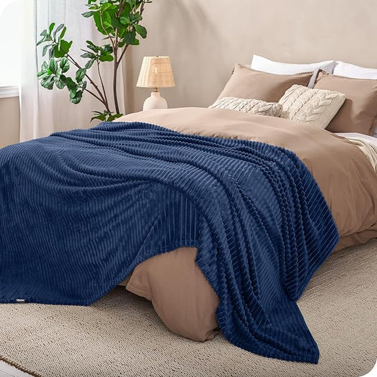 Bare Home Textured Fleece Microplush Blanket - King - Lightweight Throw for Bed, Sofa, Couch, Movie Night, Camping, and Travel - Ultra Soft Warm Blanket (King, Ribbed Dark Blue)