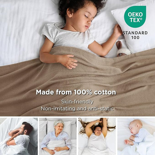Bedsure 100% Cotton Blanket Queen Size for Bed - Breathable and Lightweight, Soft Cozy Textured Herringbone Woven Blanket for Summer Spring, Tan, 90x90 inches