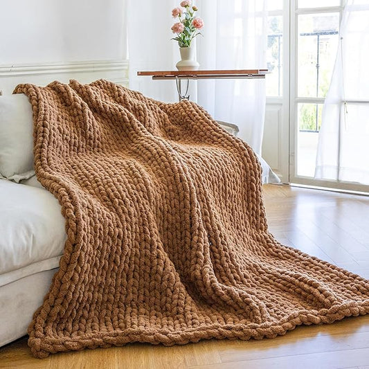 Chunky Knit Blanket - Luxury Soft Cozy Queen Size(50 * 60) Throw Blanket,100% Woven Blanket Rope Knot Throw Blanket for Couch, Sofa, Home Decor, Gift - Machine Washable（Brown）