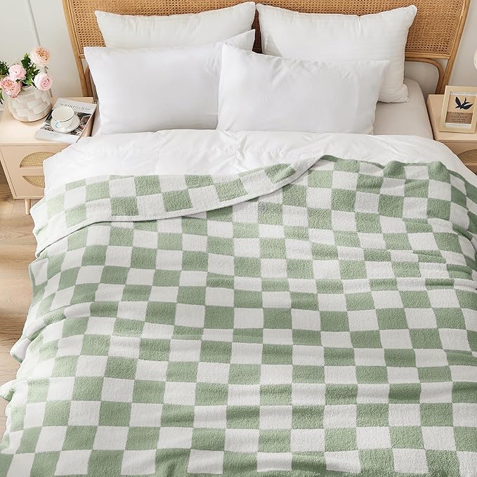 JOOJA Soft Blanket Cozy Checkerboard Sage Bed Blanket Fluffy Knit Throw Blanket Queen Size Plaid Checkered Blanket Sage 90x90 in