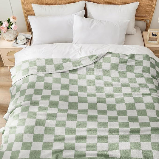 JOOJA Soft Blanket Cozy Checkerboard Sage Bed Blanket Fluffy Knit Throw Blanket Queen Size Plaid Checkered Blanket Sage 90x90 in