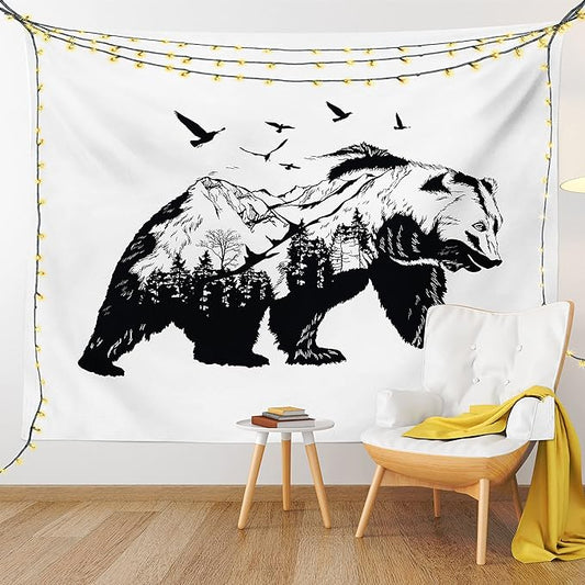Ambesonne Bear Tapestry, Mammal Silhouette Mountain Landscape Flying Birds and Forest Wildlife Design, Wide Wall Hanging for Bedroom Living Room Dorm, 80" X 60", White Charcoal