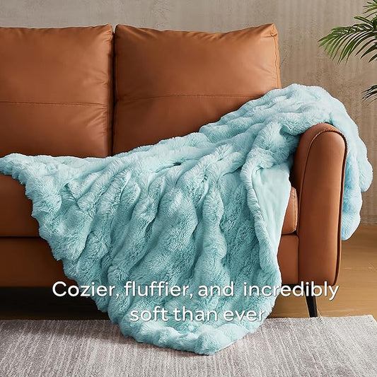 JELLYMONI Faux Fur Throw Blanket, Blue Cozy Plush Bubble Bed Blanket, Thick and Warm, King (108" x 90")