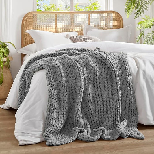 Madison Park Boho Throw Blanket, Soft Blanket Handmade Gift Home Decor, Lightweight & Breathable All Seasons Spring Chunky Knit Blanket, Knitted Throw for Couch, Bed Blanket, 50"x60" Charcoal