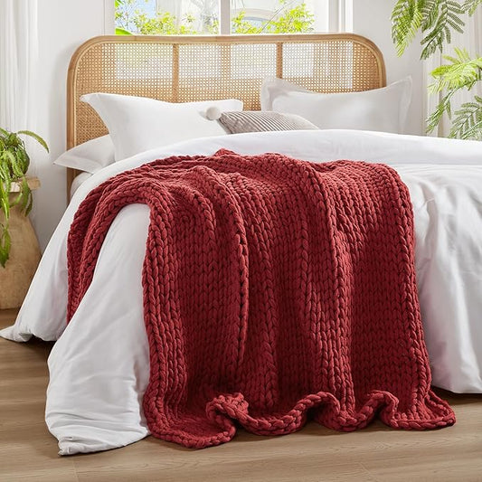 Madison Park Boho Throw Blanket, Soft Blanket Handmade Gift Home Decor, Lightweight & Breathable All Seasons Spring Chunky Knit Blanket, Knitted Throw for Couch, Bed Blanket, 50"x60" Red