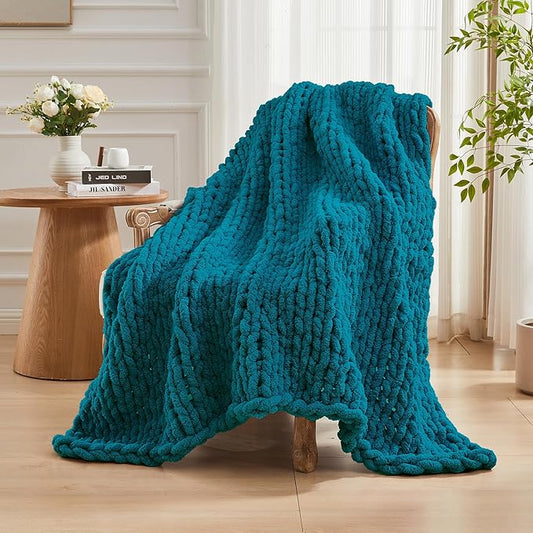Carriediosa Chunky Knit Throw Blanket 60" X 80" Twin, 100% Hand Made Large Chenille Loop Yarn Soft Fluffy Throws for Couch Sofa Bed, Big Crochet Cozy Heavy Thick Cable Woven Blankets, Teal