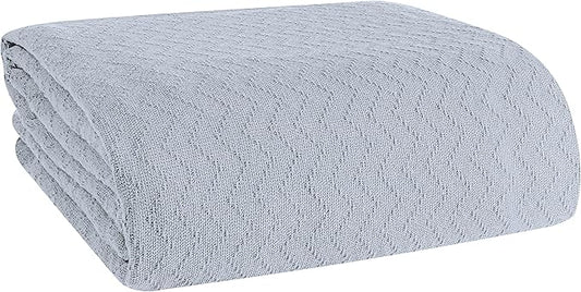 BELIZZI HOME 100% Cotton Bed Blanket, Breathable Thermal Blanket Full - Queen Size, Soft Chevron 90''x90'', Perfect for Layering Any All Season, Light Grey