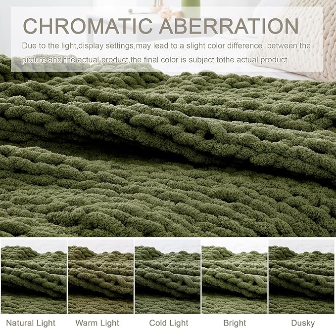 Chunky Knit Throw Blanket 50"X 60", 100% Handmade with Soft Chenille Yarn, 4.4lbs Thick Cable Knitted Blankets, Large Rope Knot Crochet Throws for Couch Sofa Bed Home Decor, Olive Green