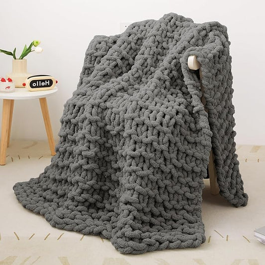 Knit Blanket 50"x60" Dark Grey Cream Soft Washable Chenille Throw Blanket Cozy 100% Handmade Crochet Blankets with Jumbo Chenille Yarn for Couch Bed Sofa Room Decor