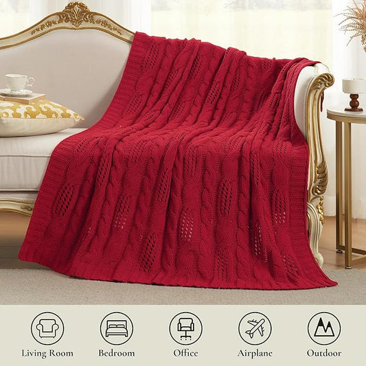 Amélie Home Chunky Knit Chenille Throw Blanket, Breathable Cable Knitted Blanket for Couch, Farmhouse Decorative Throw for Sofa Chair Bed, 50"x60", Red