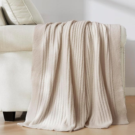 R.SHARE Beige Ribbed Throw Blanket 50x70 Inch Reversible, Feather Knit Tan Cream Taupe Microfiber Soft Comfy Cozy Lightweight Fluffy Fuzzy Warm Cute for Couch Sofa Chair Bed Home