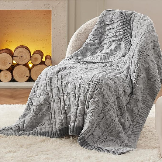 Bedsure Cable Knit Twin Blanket for Couch Bed - Chenille Chunky Knit Twin Blanket for Winter and All Seasons, Soft Cozy and Warm, Grey, 60x80 Inches