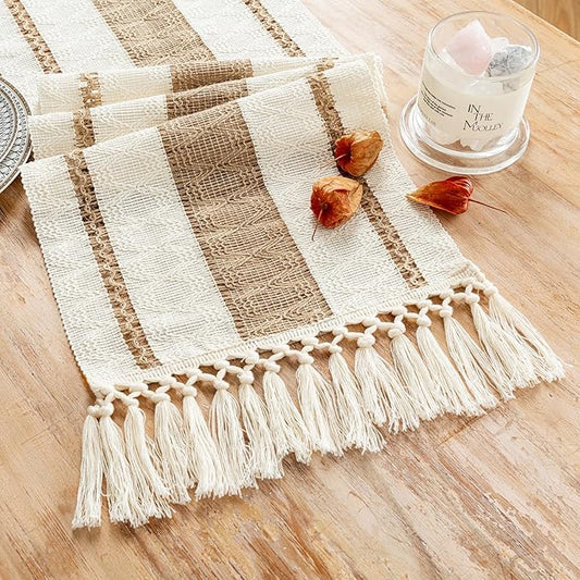 Fancy Homi Boho Table Runner 72 Inches Long Neutral Macrame Table Runner for Home Decor, Tan Farmhouse Table Runners with Tassels for Party Bohemian Rustic Bridal Shower Dining Decor 12x72 Inches