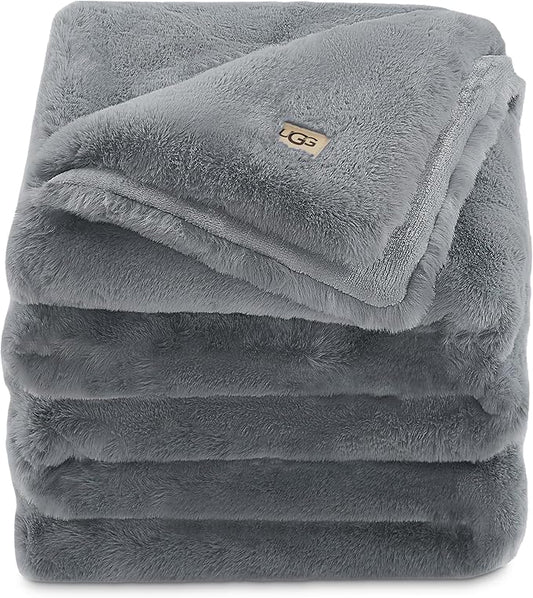 UGG Euphoria Plush Faux Fur Throw Blanket Medium Weight Reversible Luxury Soft Throw for Couch Bed or Chair Hypoallergenic Machine Washable Home Decor Blanket, 50-inch x 70-inch, Chambray Blue Grey