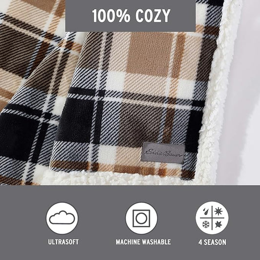 Eddie Bauer- Throw Blanket, Reversible Sherpa Fleece Bedding, Home Decor for All Seasons (Rugged Plaid Beige, Throw)
