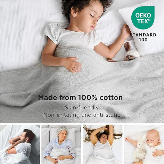 Bedsure 100% Cotton Large Blanket Oversized King for Bed 120x94 inches - Breathable Soft Cozy Herringbone Woven Blanket for Summer Spring, Couch Cover, Grey