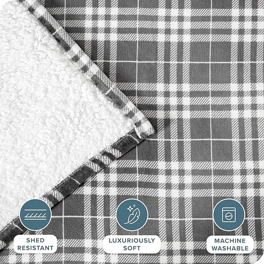 Bare Home Sherpa Fleece Blanket - Twin/Twin Extra Long - Blanket for Bed, Sofa, and Couch - Warm & Lightweight - Fluffy & Soft - Reversible (Twin/Twin XL, Stirling Plaid - Grey/White)