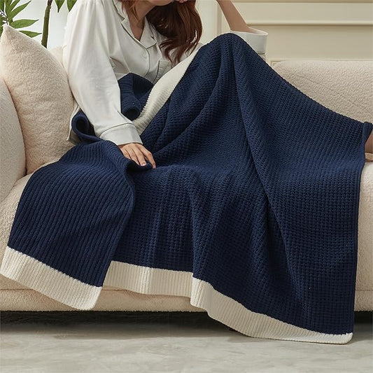 Amélie Home Chenille Waffle Throw Blanket for Couch, Reversible Soft Cozy Knit Blanket Lightweight Warm Decorative Throw for Sofa, Bed, Living Room, 50"x60", Navy Blue