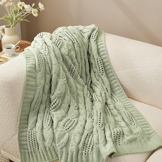Amélie Home Chunky Knit Chenille Throw Blanket, Breathable Cable Knitted Blanket for Couch, Farmhouse Decorative Throw for Sofa Chair Bed, 60"x80", Sage Green