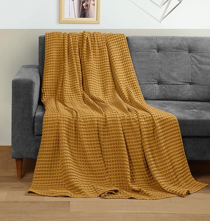 Utopia Bedding Mustard 100% Cotton Waffle Blanket 300 GSM [Queen - 90x90 Inch] Soft Lightweight Breathable Bed Blanket for All Season