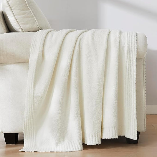 R.SHARE Ivory Throw Blanket 50x70 Inch Reversible, Feather Knit White Microfiber Soft Comfy Cozy Lightweight Fluffy Fuzzy Warm Cute for Couch Sofa Chair Bed Home