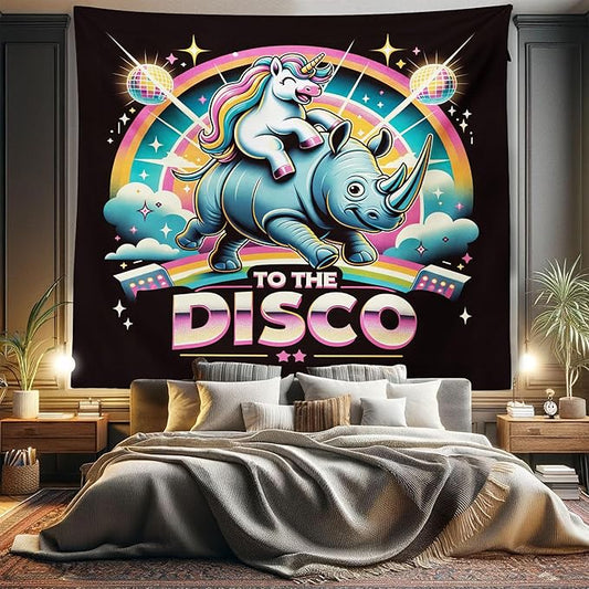 Ambesonne Funny Tapestry King Size, Whimsical Colorful to the Disco Lettering Cheery Unicorn Riding a Wild Animal, Wall Hanging Bedspread Bed Cover Wall Decor, 104" X 88", Black Multicolor