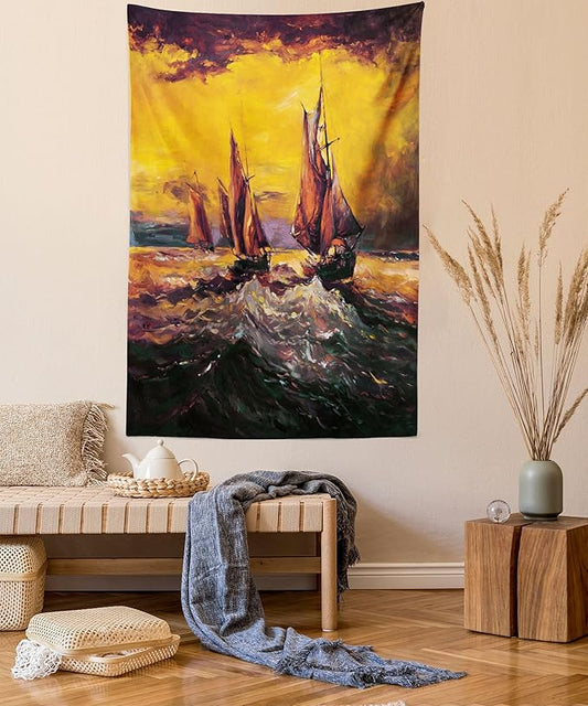 Ambesonne Country Tapestry, Image of Old Sailboats Ships Cruising in Waves at Sunrise Time Dark Sky Art, Fabric Wall Hanging Decor for Bedroom Living Room Dorm, 23" X 28", Yellow Orange