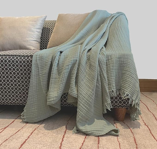 100% Cotton Blankets King 90" x104“ Muslin Throw Blanket for Adult, Bed, Couch, Pre-Washed, Breathable Lightweight Gauze Soft Blanket w/Fringe, All Season, (Sage Green)