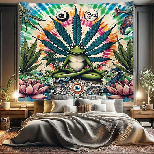 Ambesonne Trippy Tapestry King Size, Jumble Composition of Frog Featuring Tie Dye Effect Esoteric Floral Eyes, Wall Hanging Bedspread Bed Cover Wall Decor, 104" X 88", Multicolor Fern Green