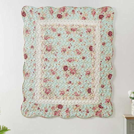 Greenland Home Antique Rose - Classic Traditional Floral - 100% Cotton Quilted Throw Blanket, 50 x 60 inches, Blue