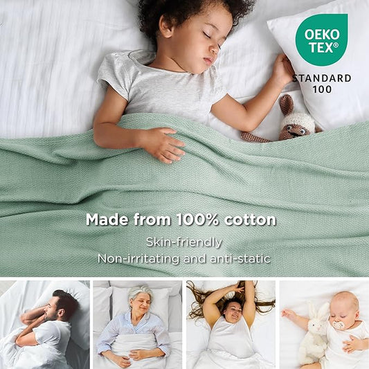 Bedsure 100% Cotton Blanket King Size for Bed - Breathable and Lightweight, Soft Cozy Textured Herringbone Woven Blanket for Summer Spring, Sage Green, 108x90 inches