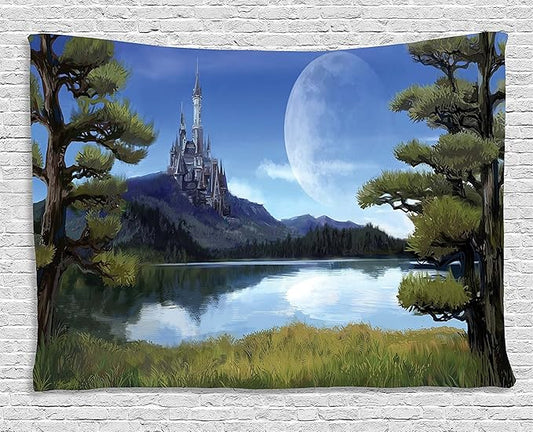 Ambesonne Fantasy Tapestry, Moon Surreal Scene with Riverside Lake Forest and Medieval Castle on Hill Art, Wide Wall Hanging for Bedroom Living Room Dorm, 80" X 60", Green Blue