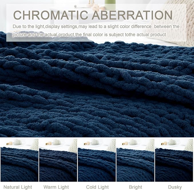 Chunky Knit Throw Blanket 50"X 60", 100% Handmade with Soft Chenille Yarn, 4.4lbs Thick Cable Knitted Blankets, Large Rope Knot Crochet Throws for Couch Sofa Bed Home Decor, Navy Blue