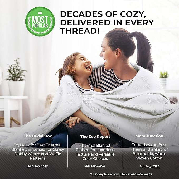 Utopia Bedding White 100% Cotton Blanket [Queen Size - 90x90 Inch] 350GSM Lightweight, Soft and Breathable Thermal Blanket for All Seasons
