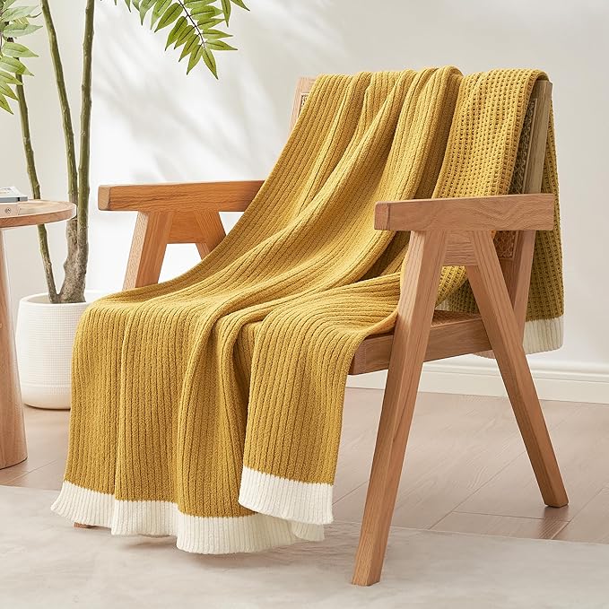 Amélie Home Chenille Waffle Throw Blanket for Couch, Reversible Soft Cozy Knit Blanket Lightweight Warm Decorative Throw for Sofa, Bed, Living Room, 50"x60", Ginger